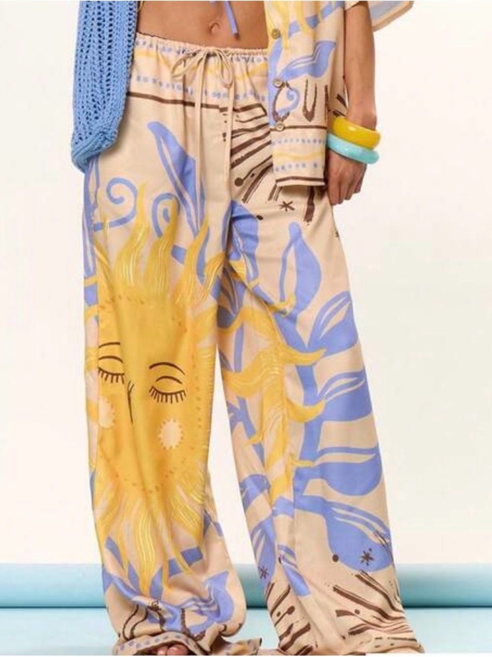 SHEIN Yellow & Blue Sun-Print Wide Leg Pants